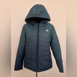 New Balance Puffer Tech Hooded Sherpa Lined Blue Full Zip Up Womens Size M
